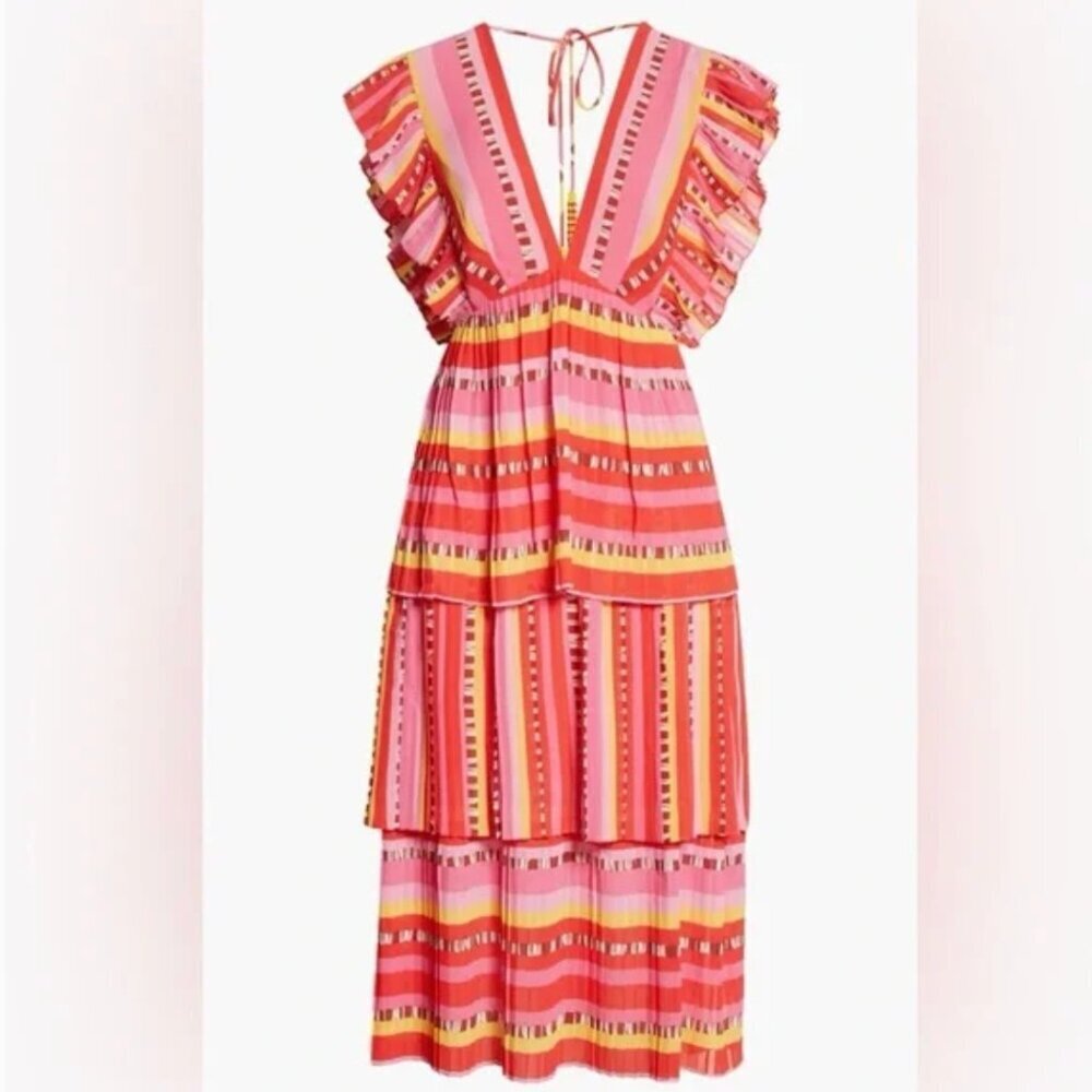 FARM Rio Pink & Red Striped Midi Dress